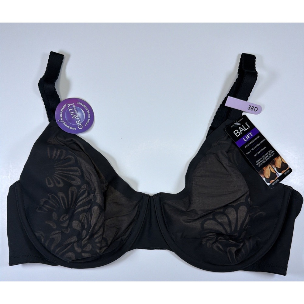 Bali Lift Gravity Defying Bra 38D Black Underwire Floral DF6563 Smoothing NEW